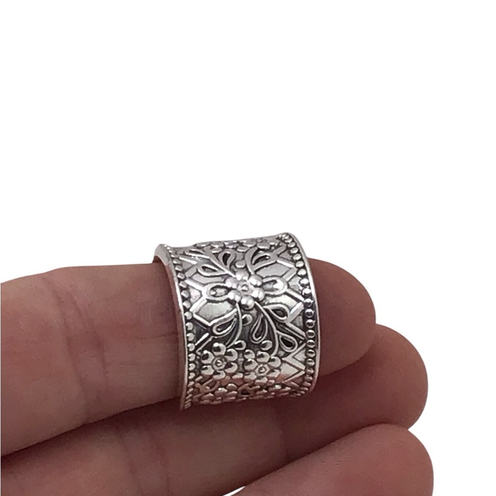 Silver- Tone Floral Wide Band Thumb Ring Adjustable Boho Vintage Style Statement - Picture 3 of 11